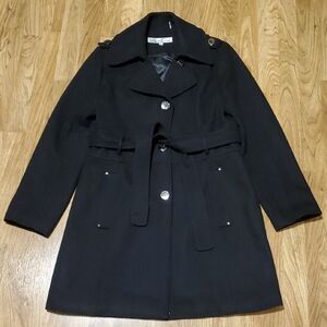 Kenneth Cole New York Wool Blend Belted Black Trench Coat Womens Size 12